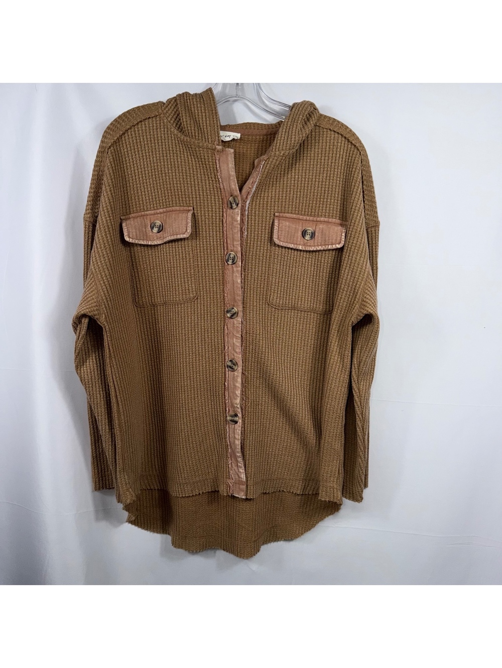 New In Women’s Brown Waffle Knit Hooded Shacket Size S Button Front Oversized